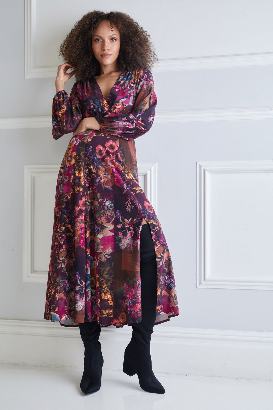 D7606 maroon full skirt wrap dress