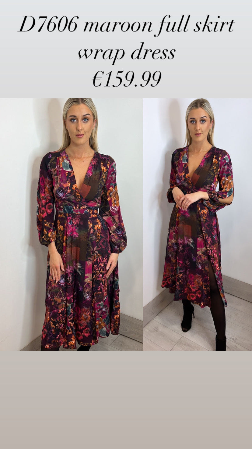 D7606 maroon full skirt wrap dress