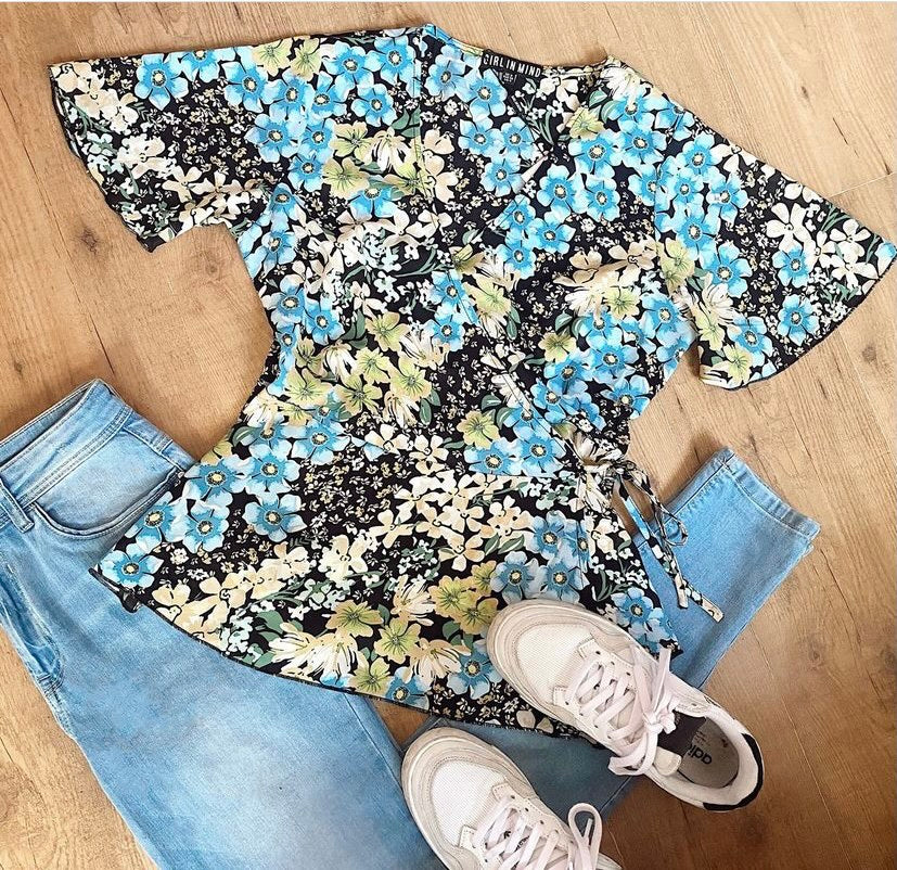 Ophelia blue floral Tie Side Wrap Top GIM sale