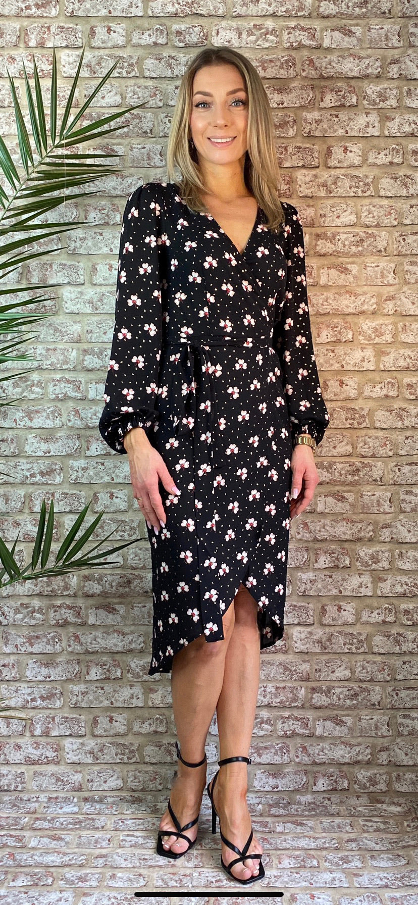 Shrimp black floral wrap midi dress traff