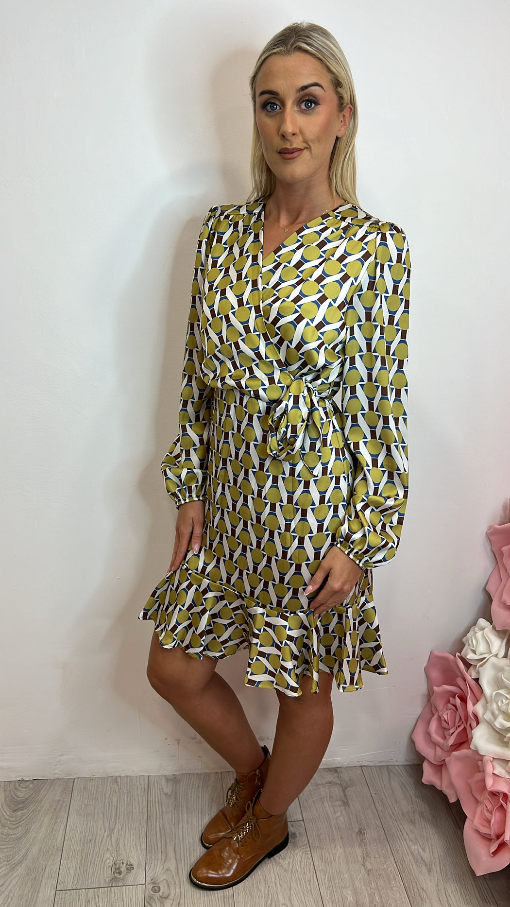 91139 fly girl green brown print dress