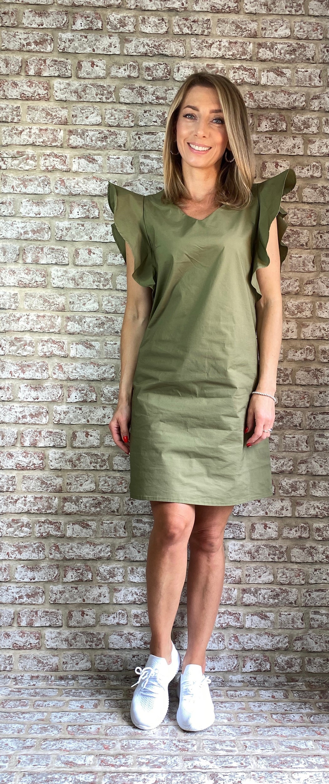 Mel khaki frill sleeve sale shift dress