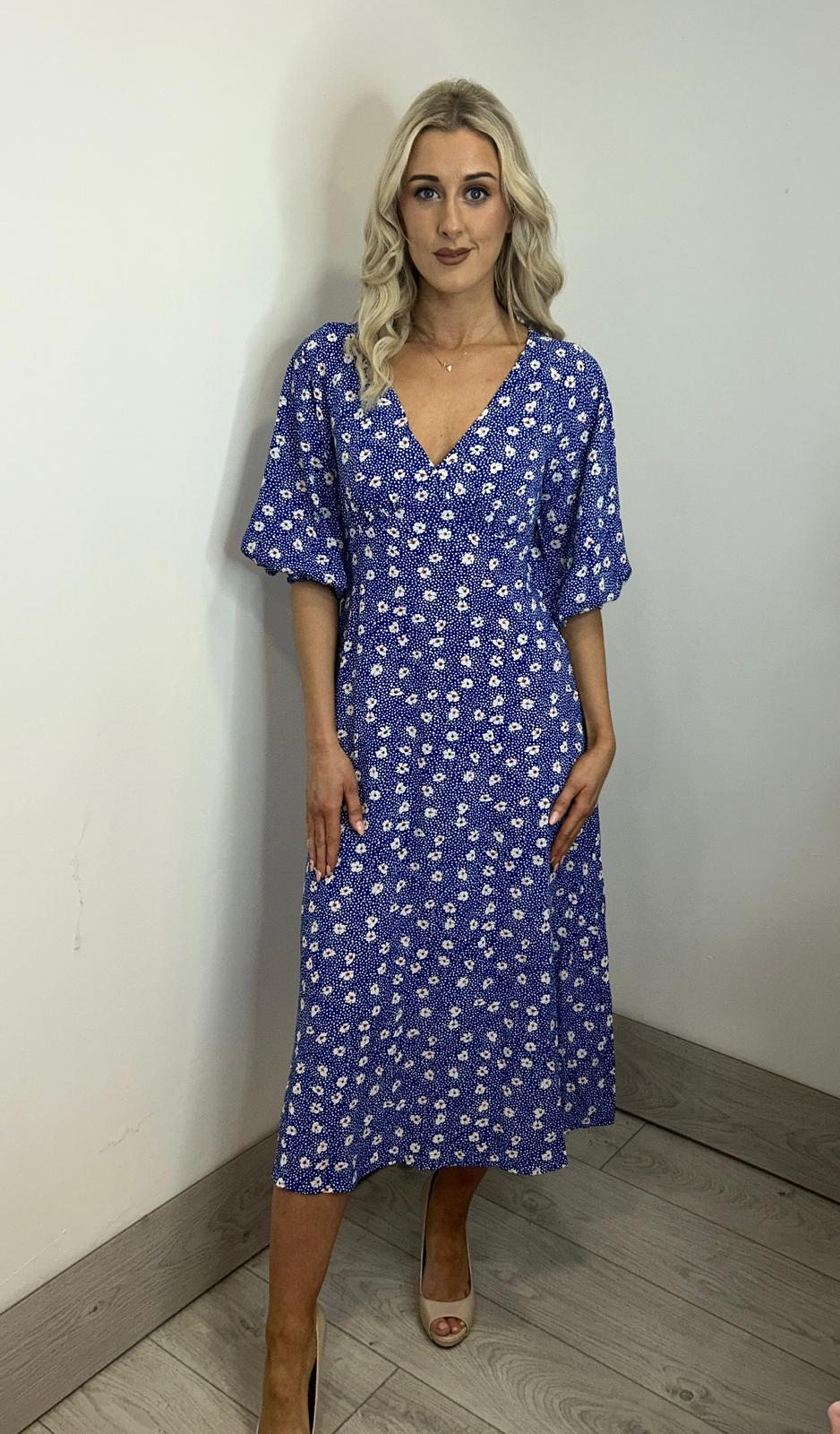 Traffic People Gloria Blue Ditzy Floral Print Midi Dress