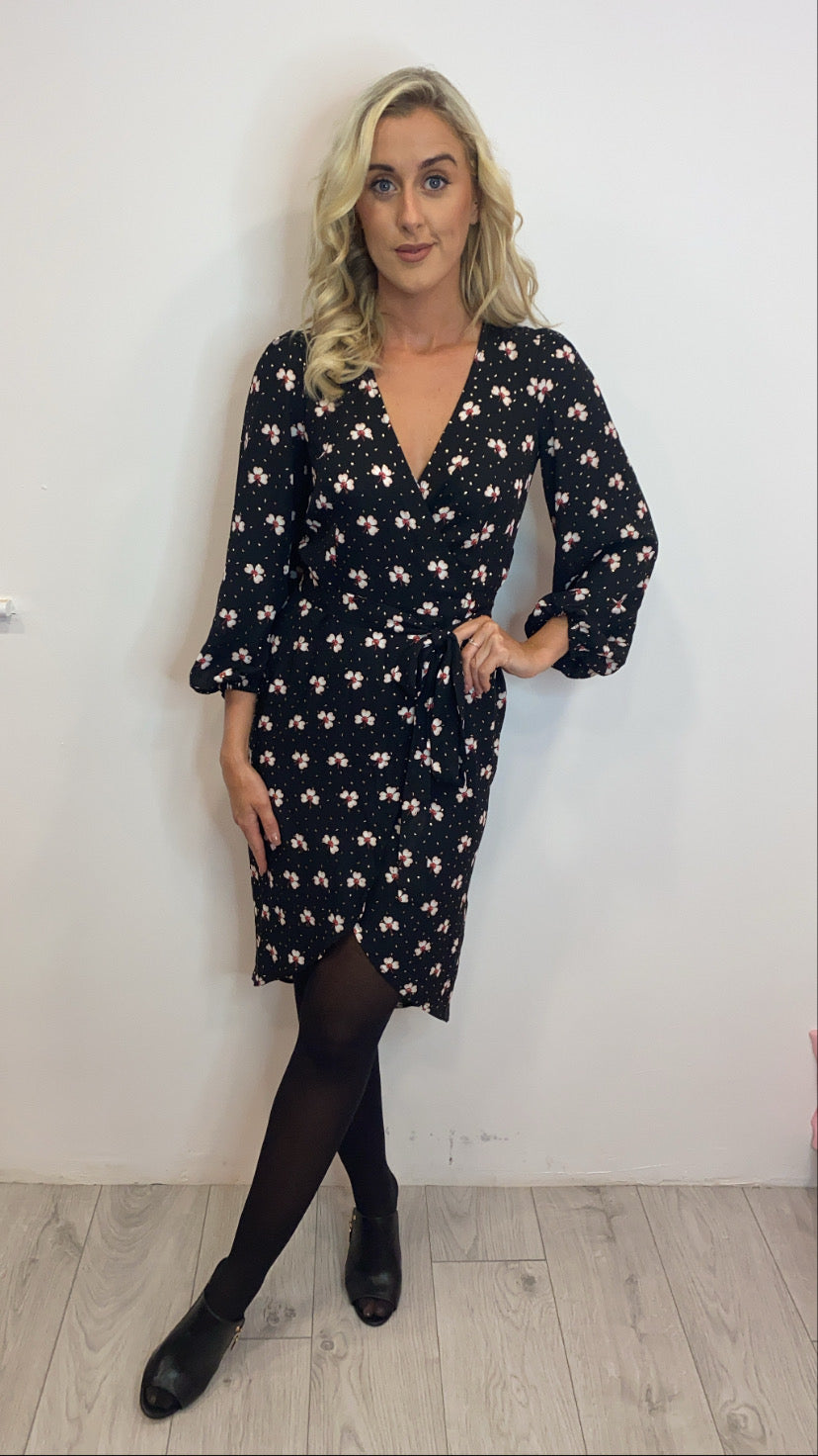 Shrimp black floral wrap midi dress traff