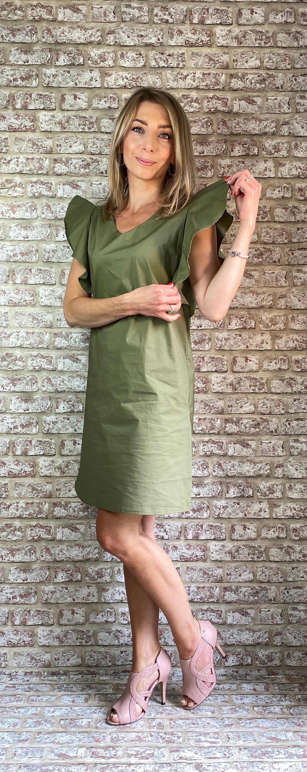 Mel khaki frill sleeve sale shift dress