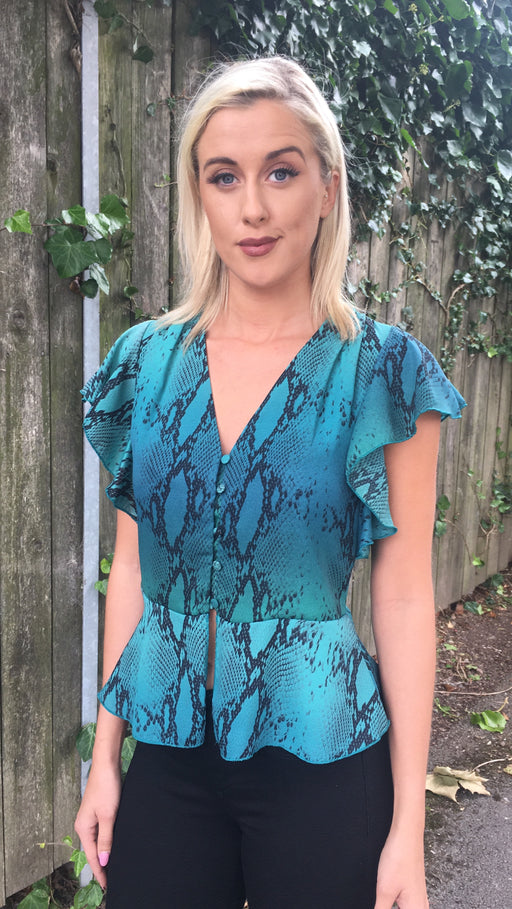 Teal snakeskin frill sleeve top