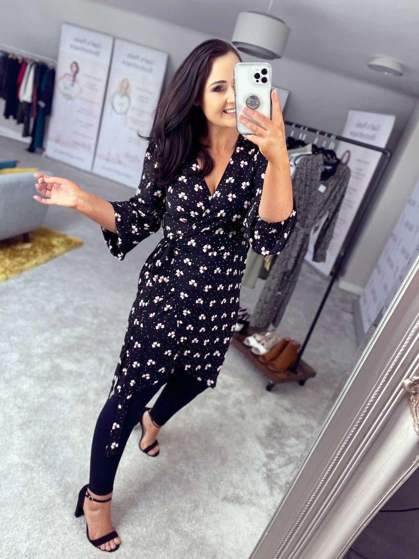 Shrimp black floral wrap midi dress traff