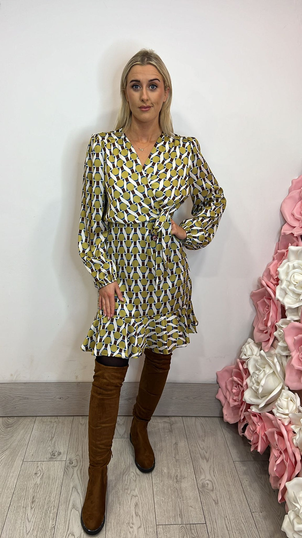 91139 fly girl green brown print dress