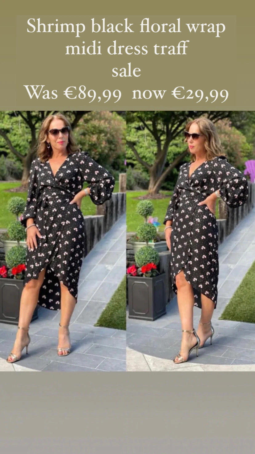 Shrimp black floral wrap midi dress traff