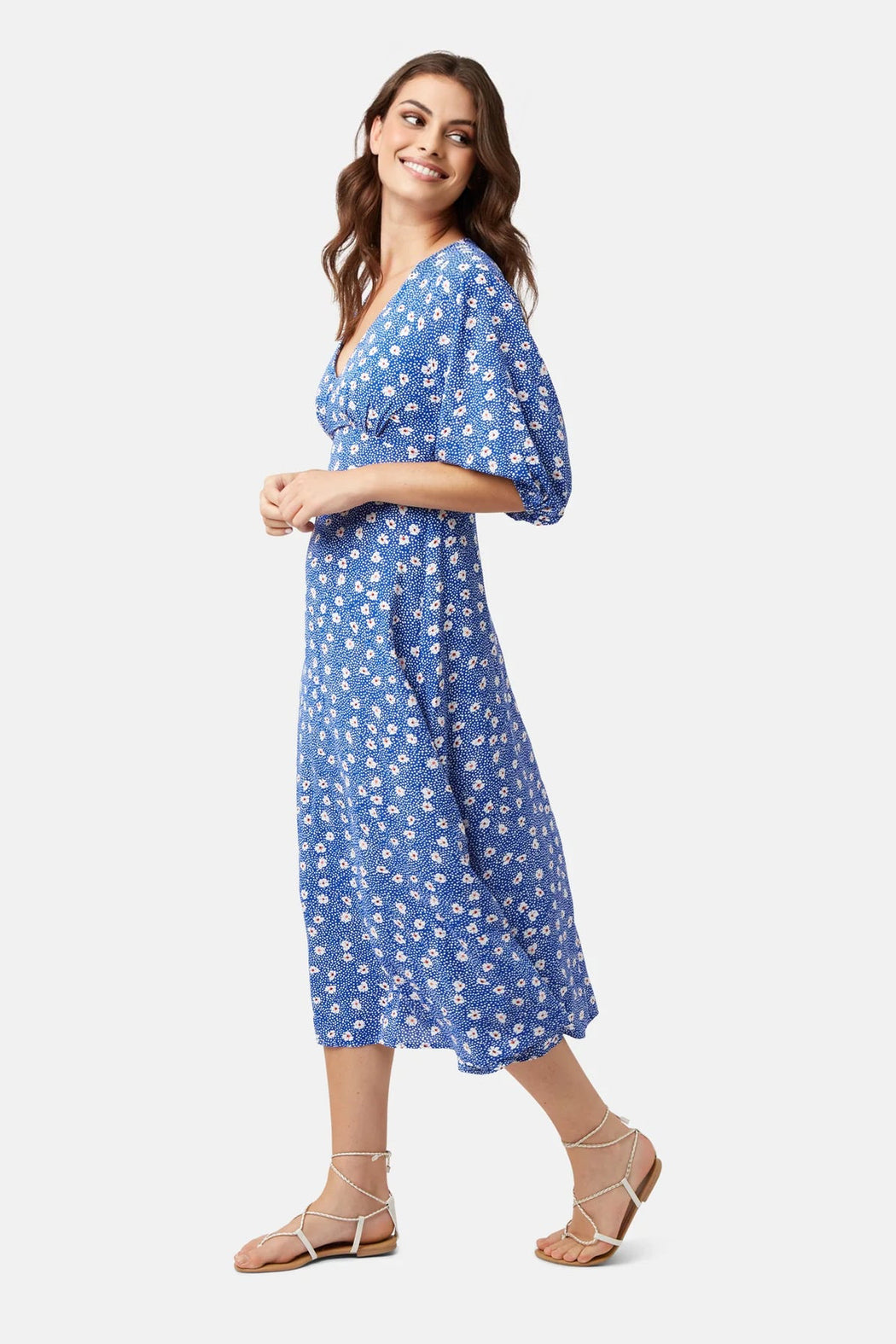 Traffic People Gloria Blue Ditzy Floral Print Midi Dress