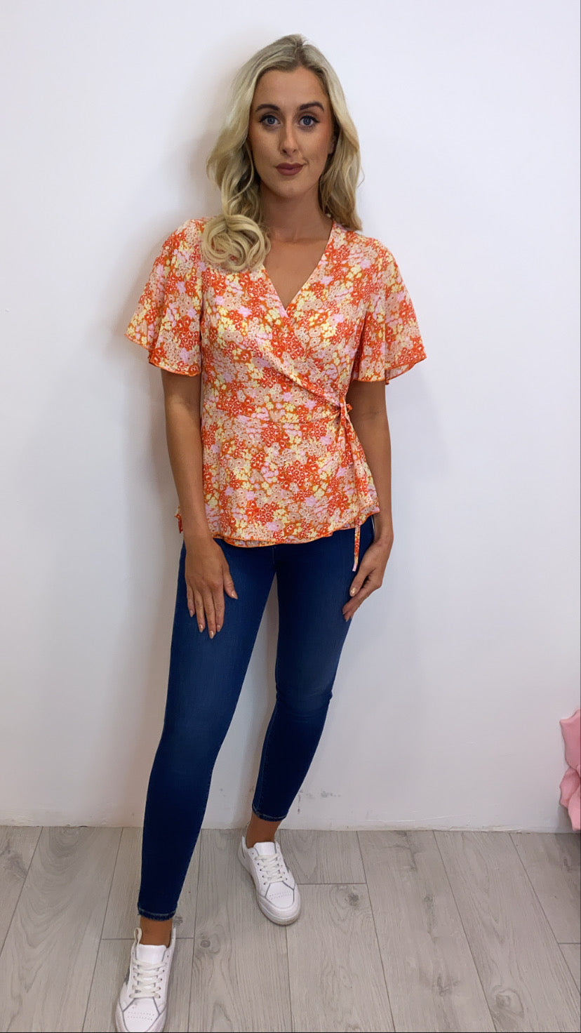Ophelia orange Tie Side Wrap Top Orange Floral GIM sale