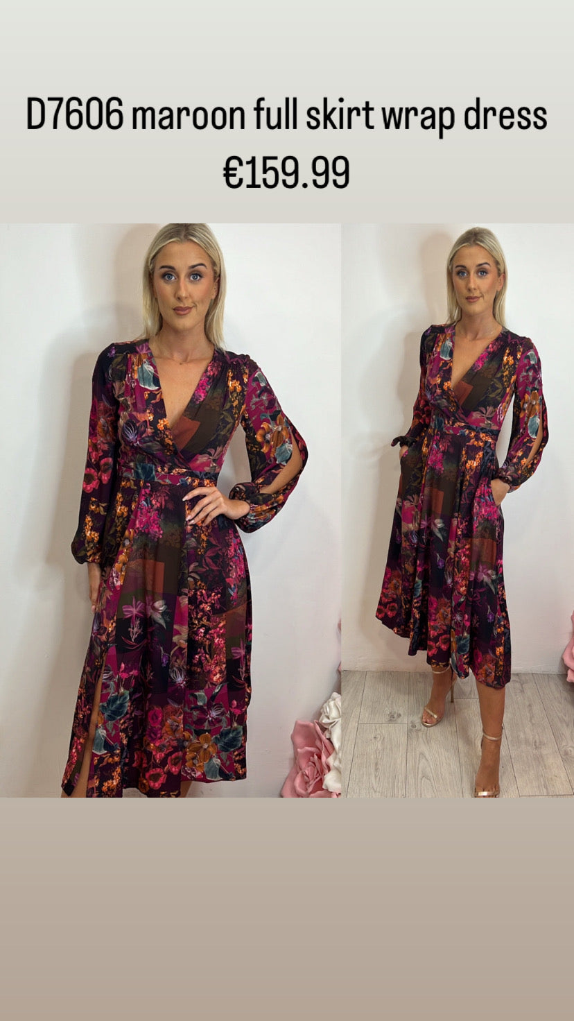 D7606 maroon full skirt wrap dress