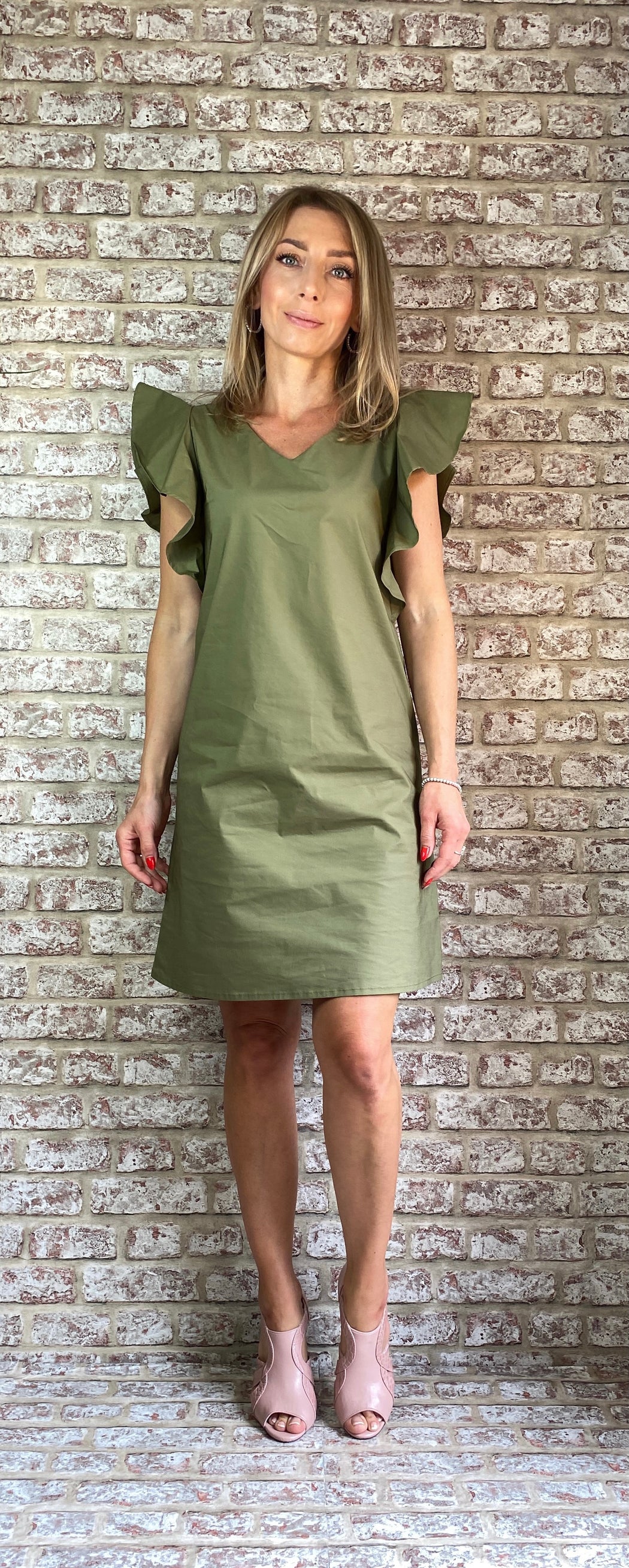 Mel khaki frill sleeve sale shift dress