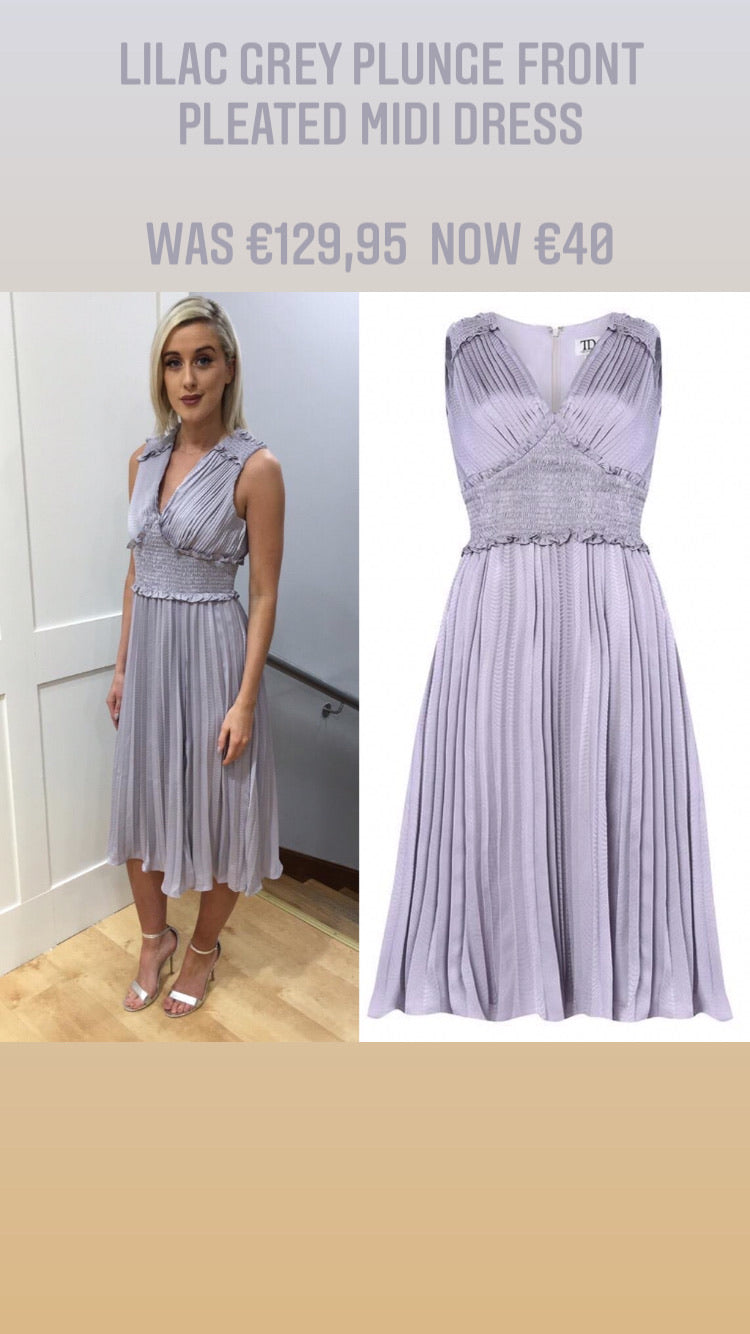 Lilac Grey Plunge Front Pleated Midi Dress