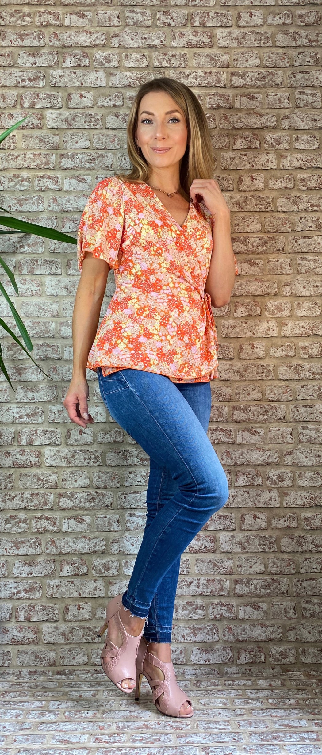 Ophelia orange Tie Side Wrap Top Orange Floral GIM sale