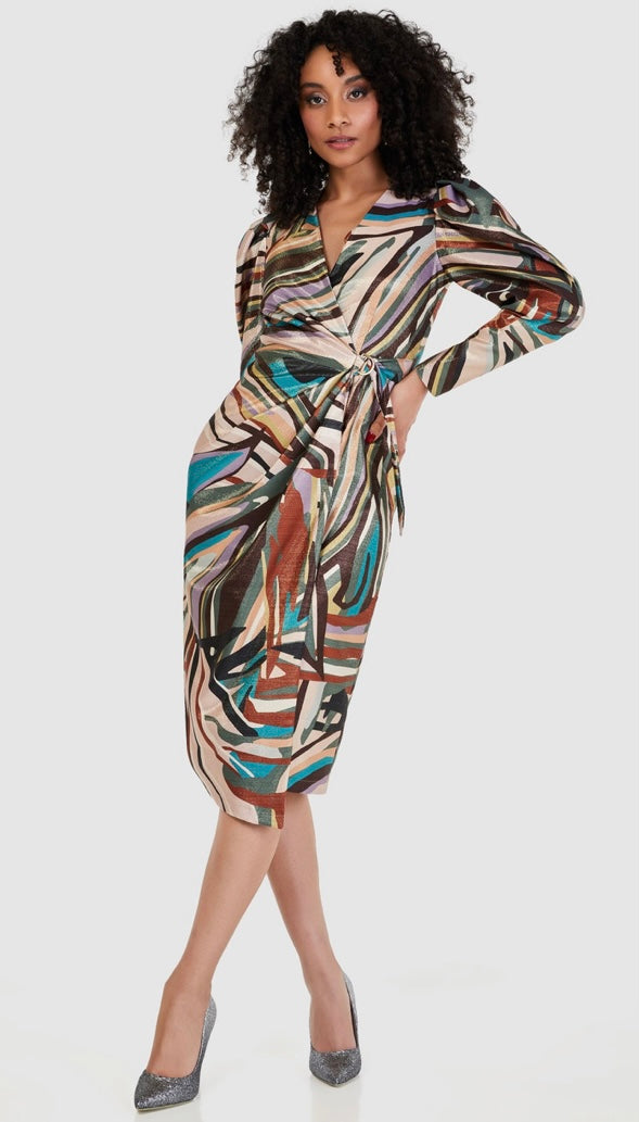 D8797 MULTI PRINT WRAP PENCIL DRESS