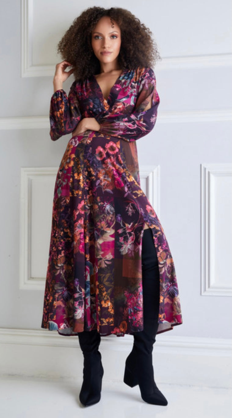 D7606 maroon full skirt wrap dress