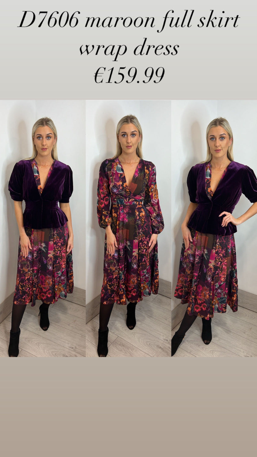 D7606 maroon full skirt wrap dress