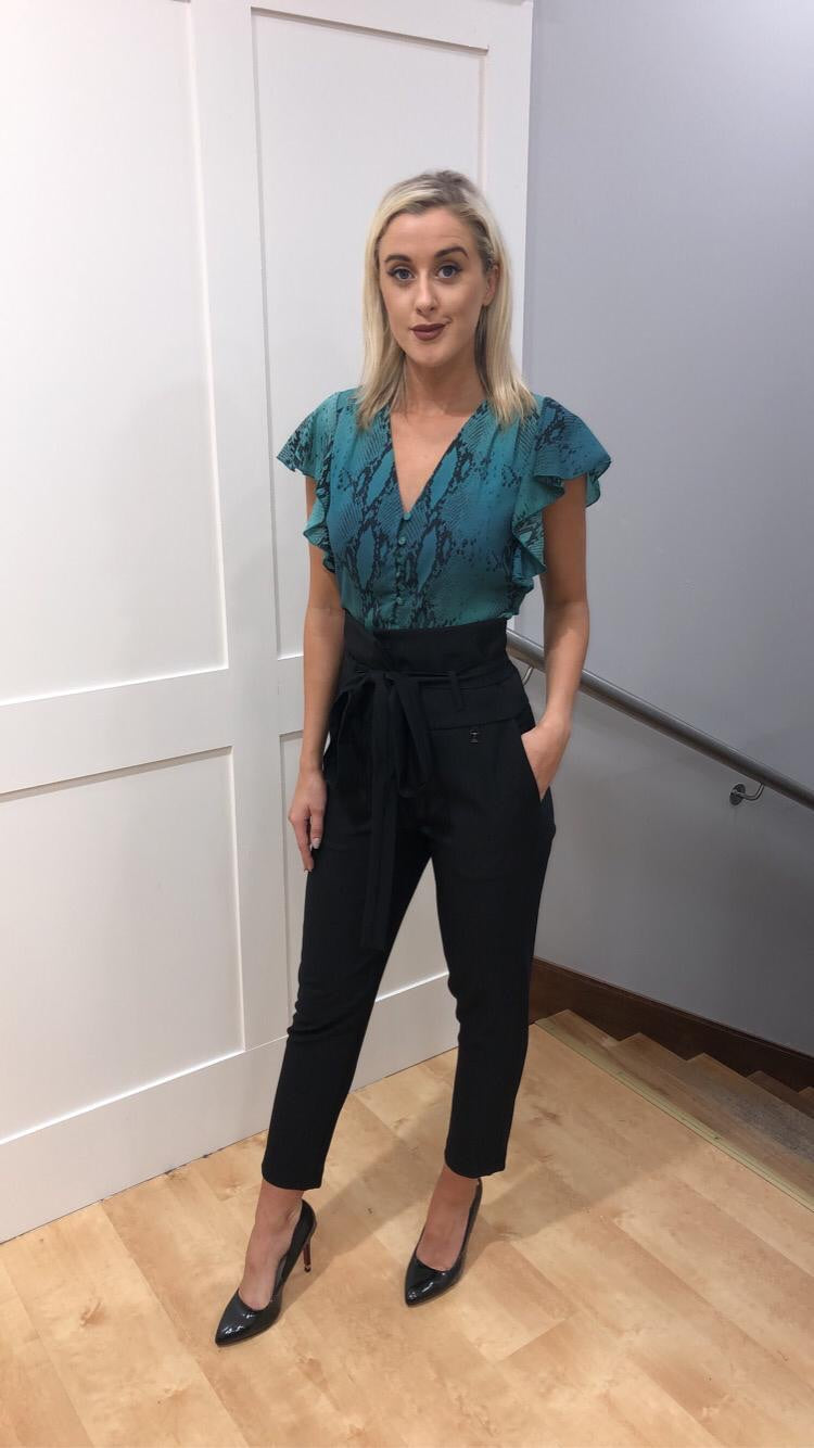 Teal snakeskin frill sleeve top