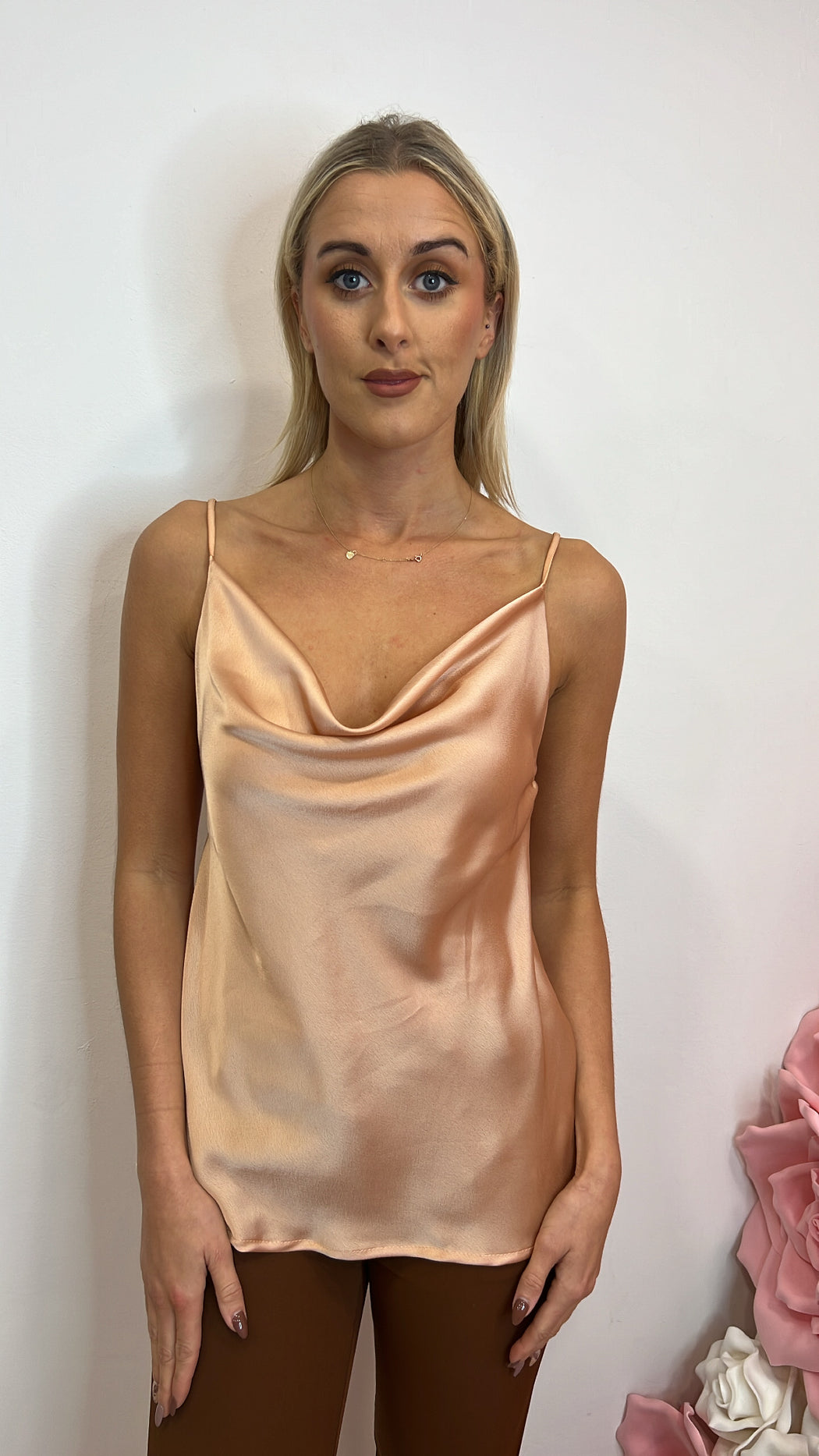 Pesca rose gold azalea satin cami top