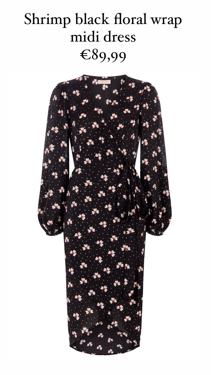 Shrimp black floral wrap midi dress traff
