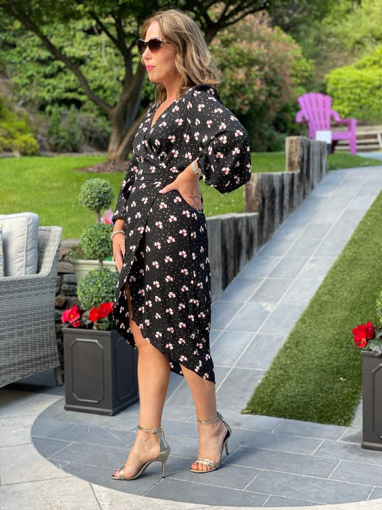 Shrimp black floral wrap midi dress traff