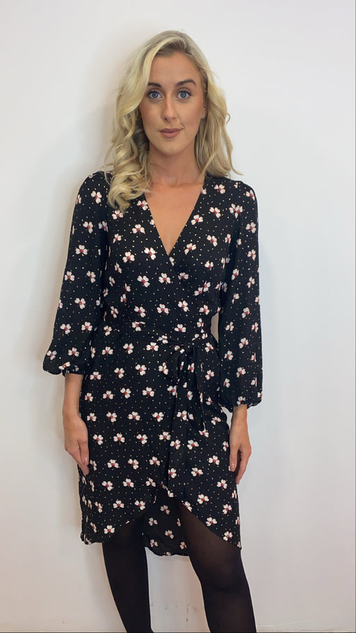 Shrimp black floral wrap midi dress traff
