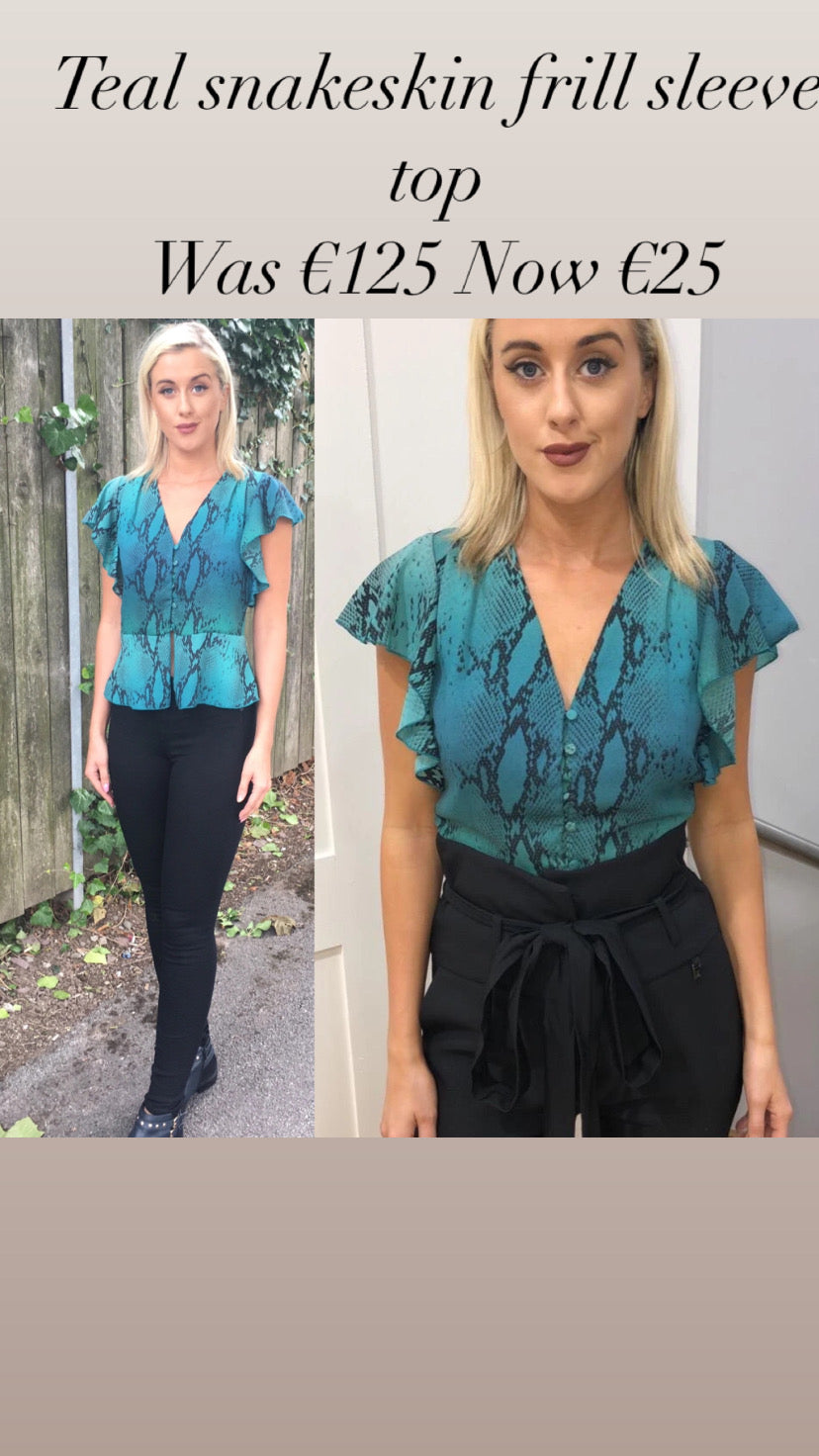 Teal snakeskin frill sleeve top