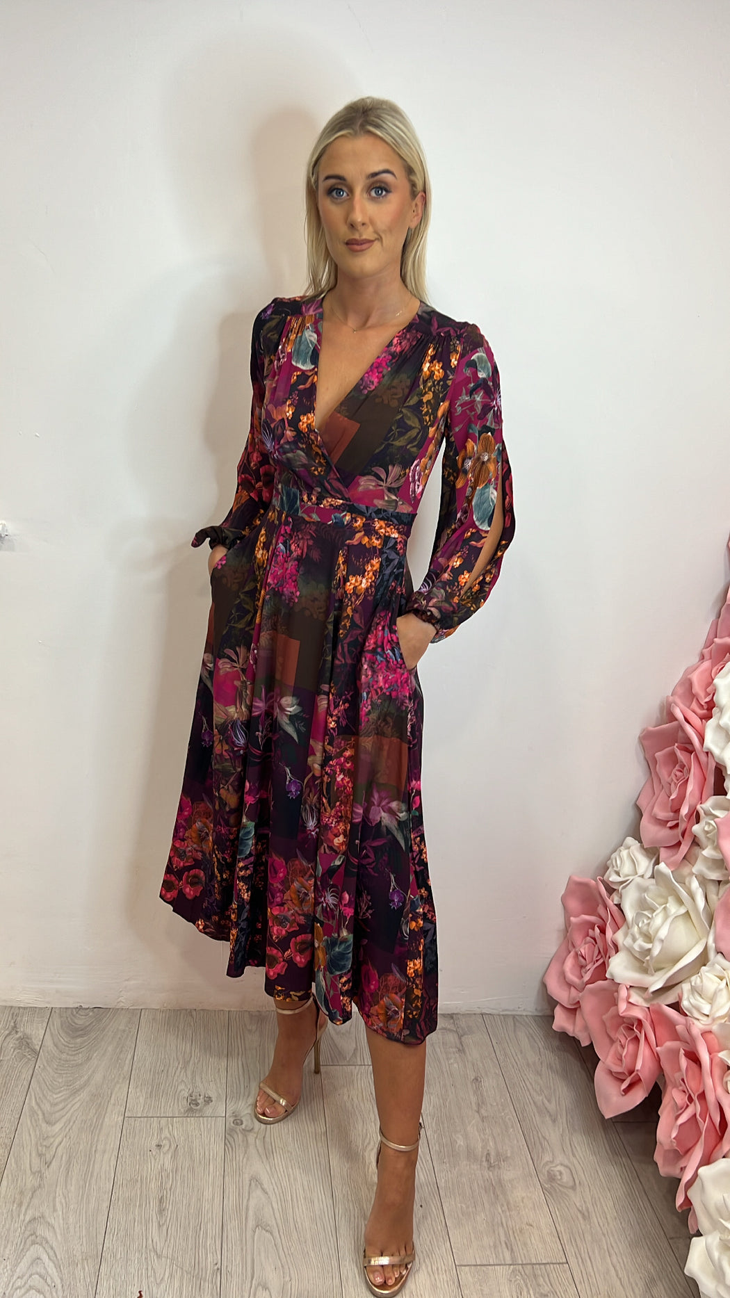 D7606 maroon full skirt wrap dress