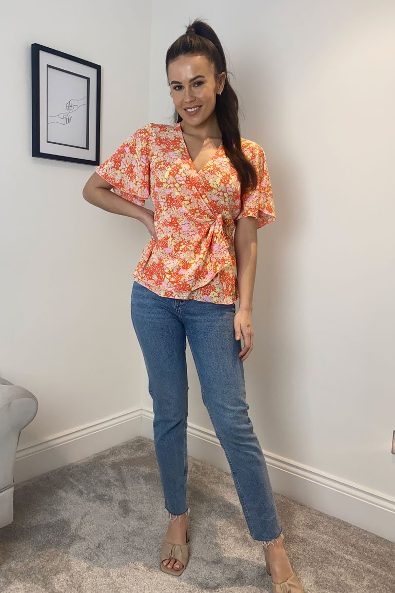Ophelia orange Tie Side Wrap Top Orange Floral GIM sale