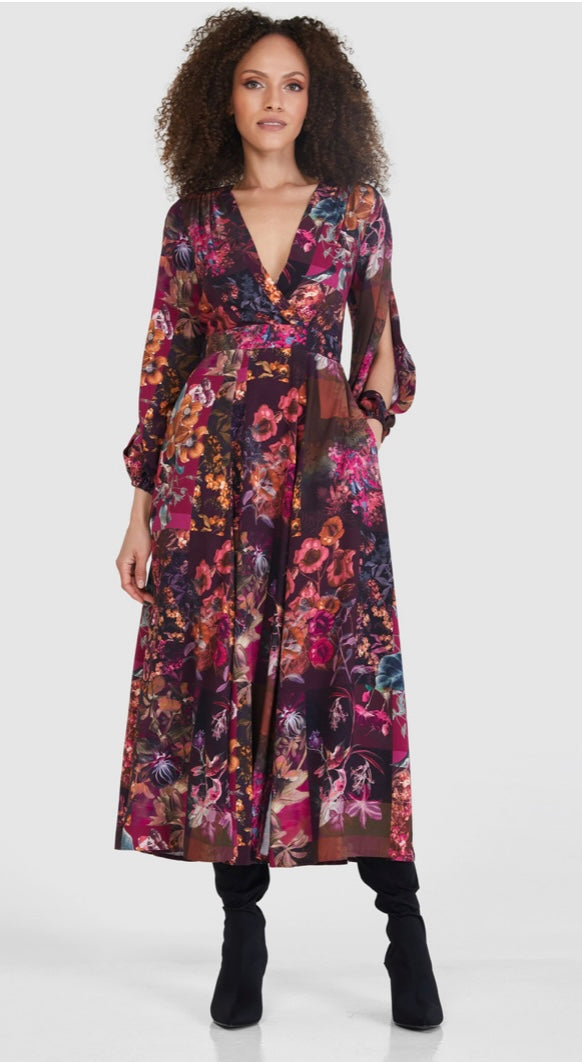 D7606 maroon full skirt wrap dress