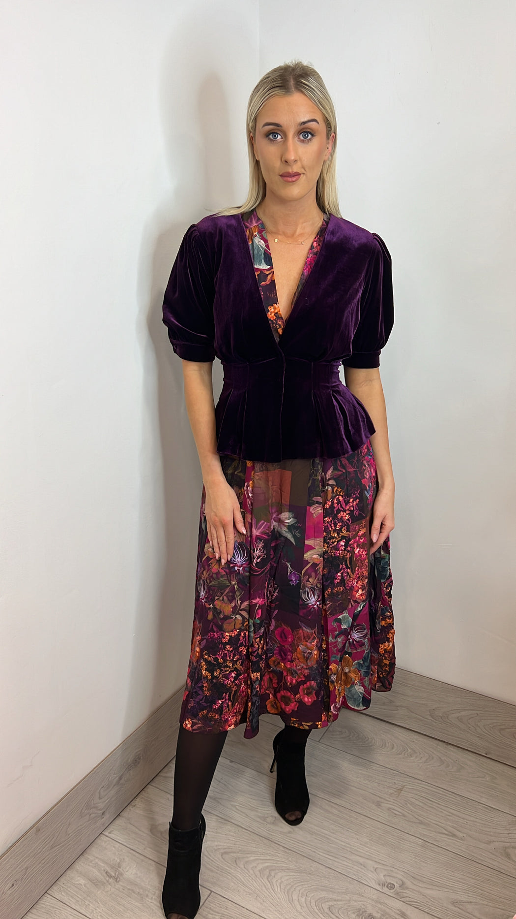 D7606 maroon full skirt wrap dress