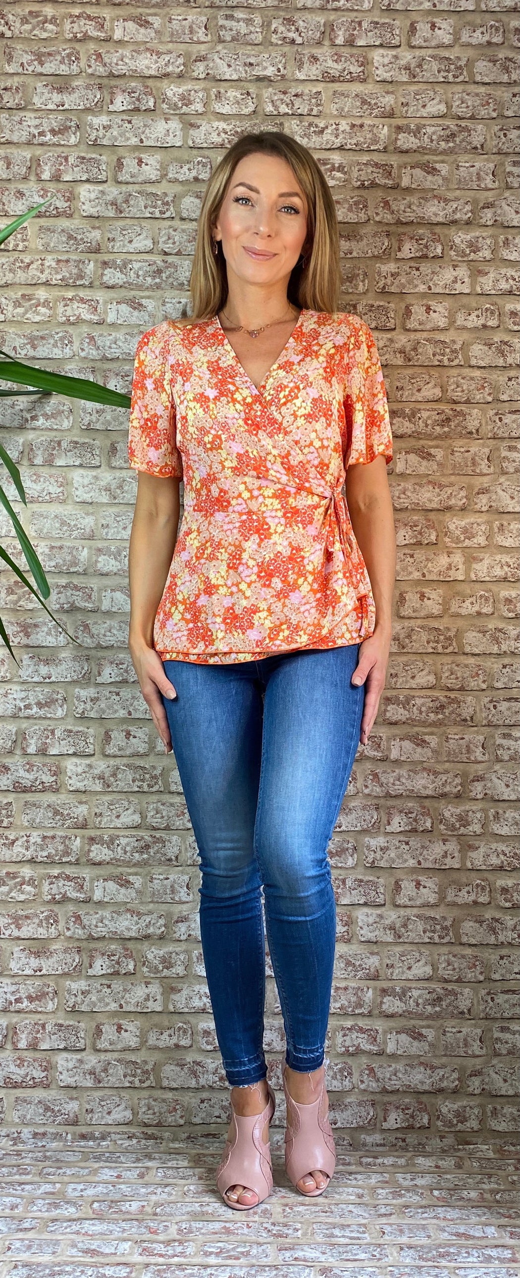 Ophelia orange Tie Side Wrap Top Orange Floral GIM sale