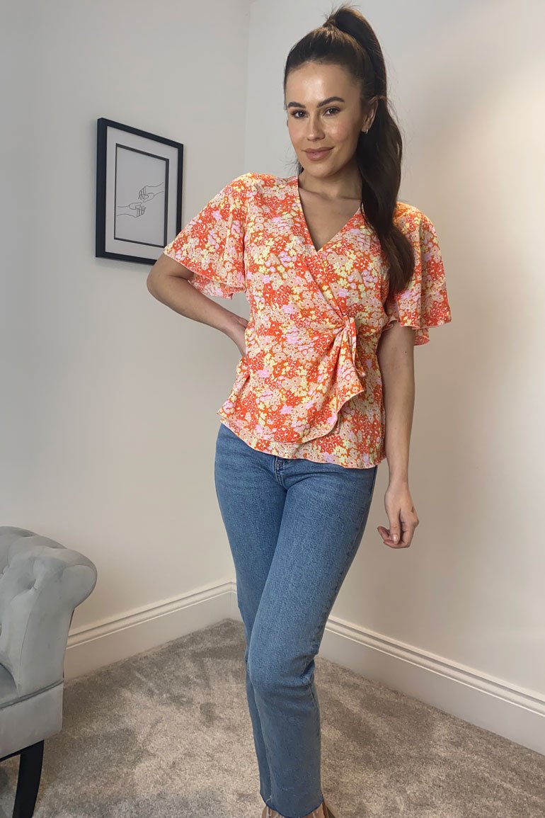 Ophelia orange Tie Side Wrap Top Orange Floral GIM sale