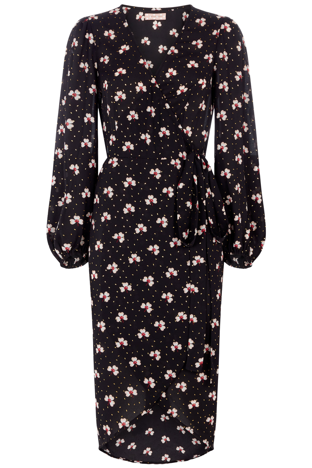 Shrimp black floral wrap midi dress traff