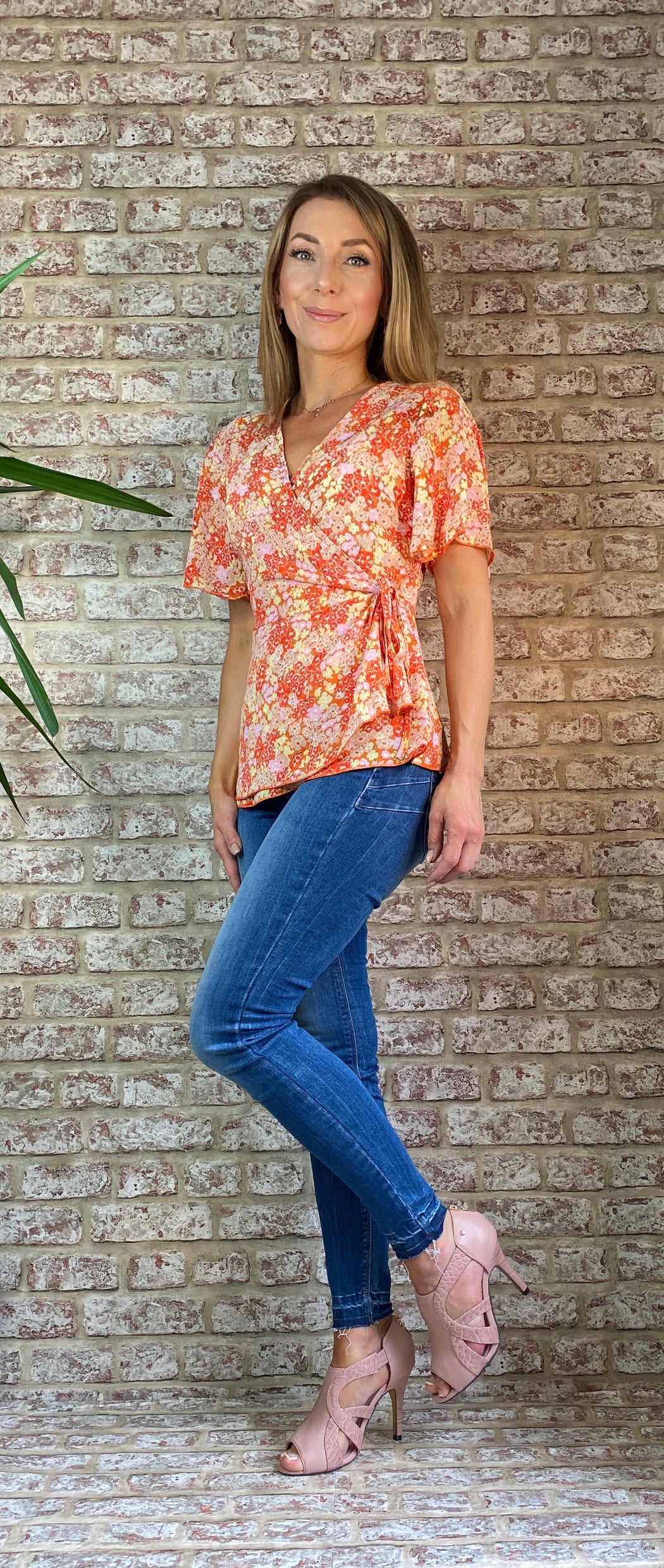 Ophelia orange Tie Side Wrap Top Orange Floral GIM sale