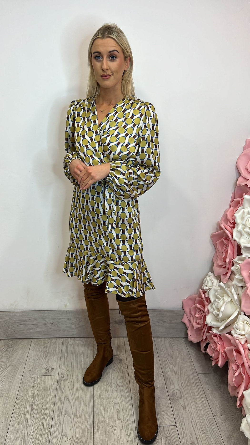 91139 fly girl green brown print dress