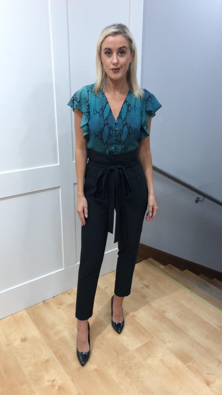 Teal snakeskin frill sleeve top