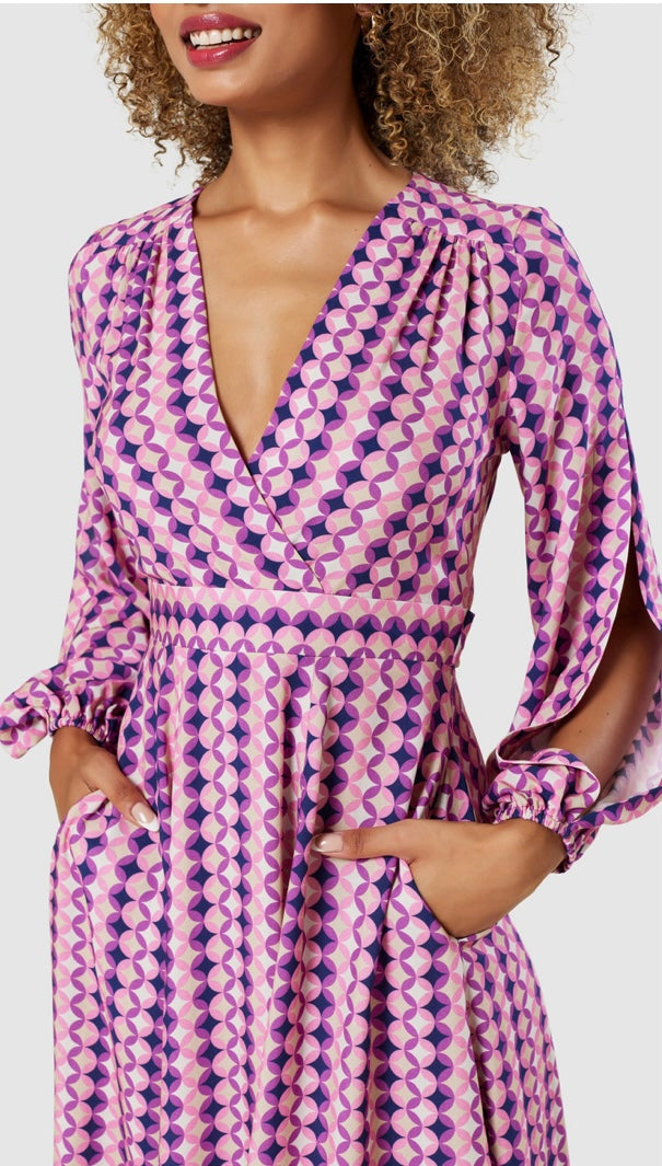 D9177 PINK FULL SKIRT WRAP DRESS