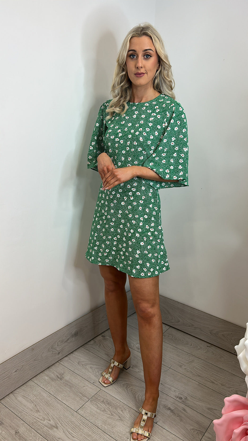 Traffic People Misty  Green  Ditzy Floral Print Dress