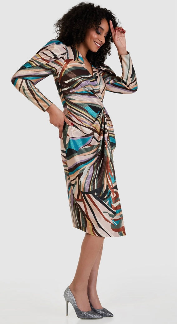 D8797 MULTI PRINT WRAP PENCIL DRESS