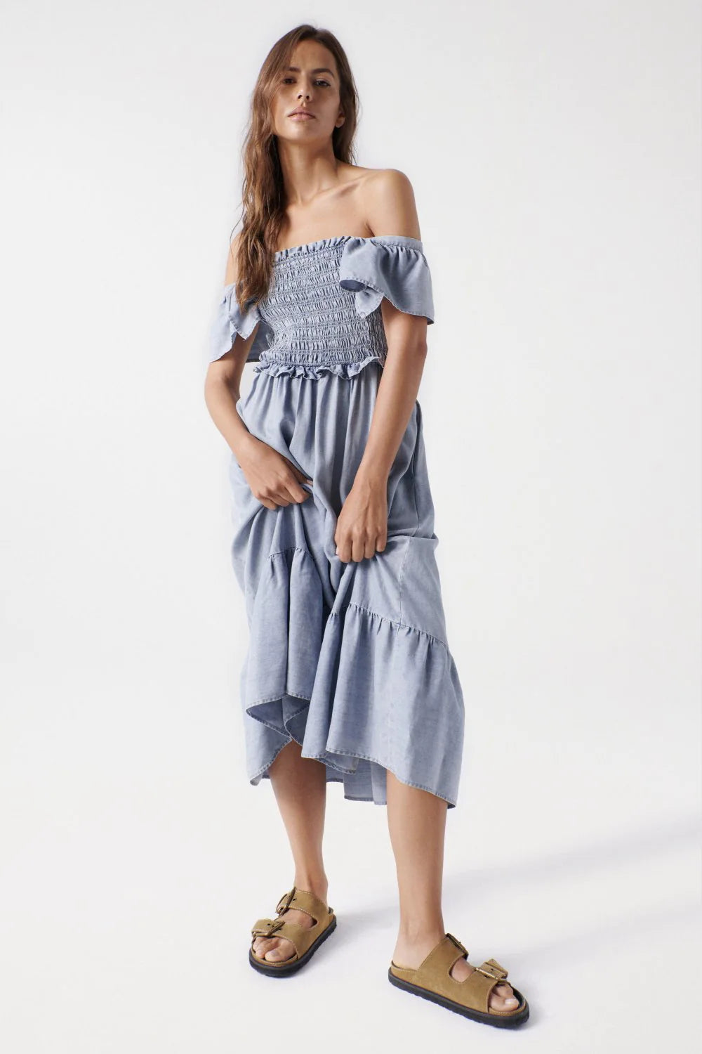 Salsa 126420 denim ruffle sleeve dress sale