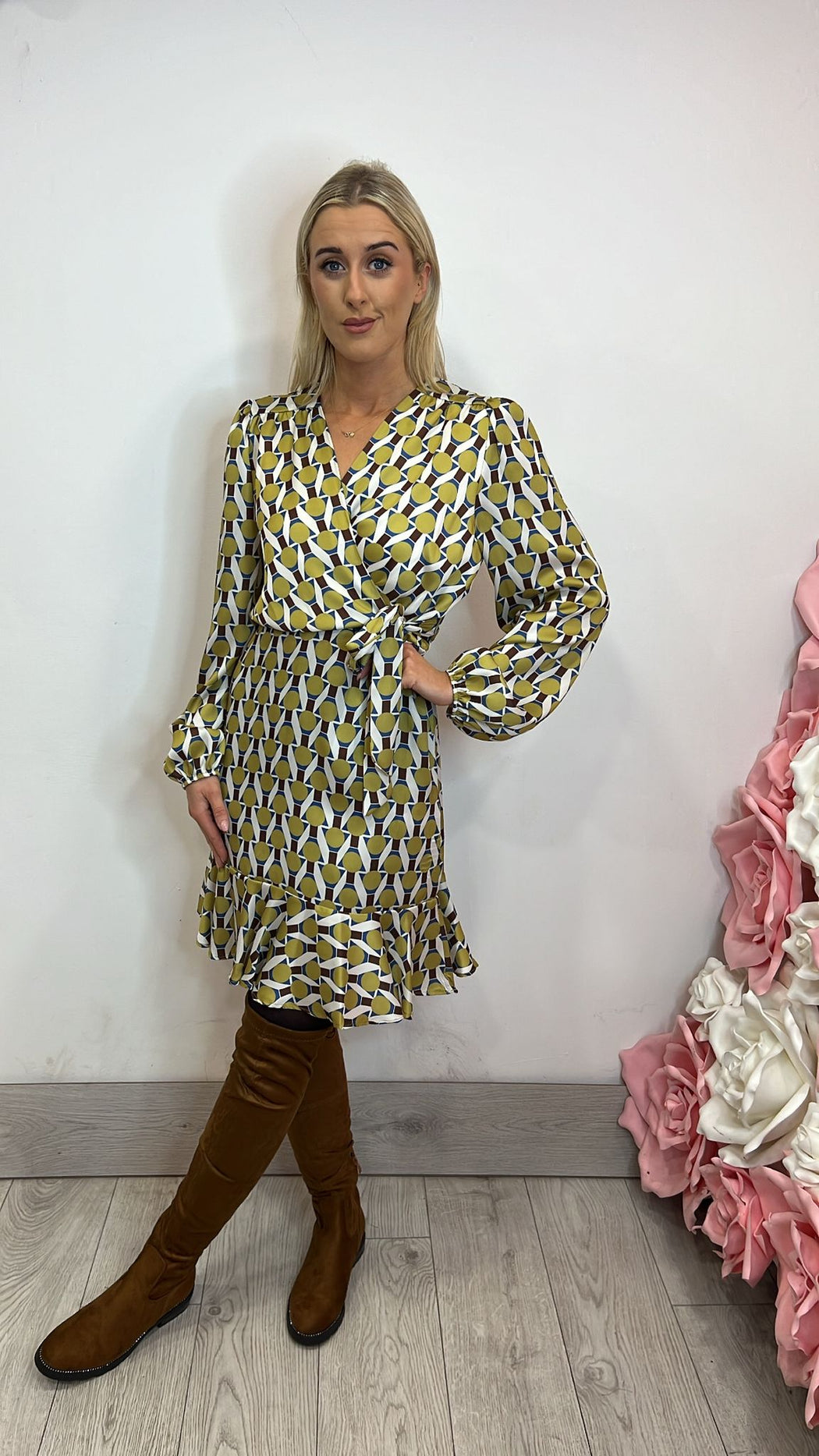 91139 fly girl green brown print dress