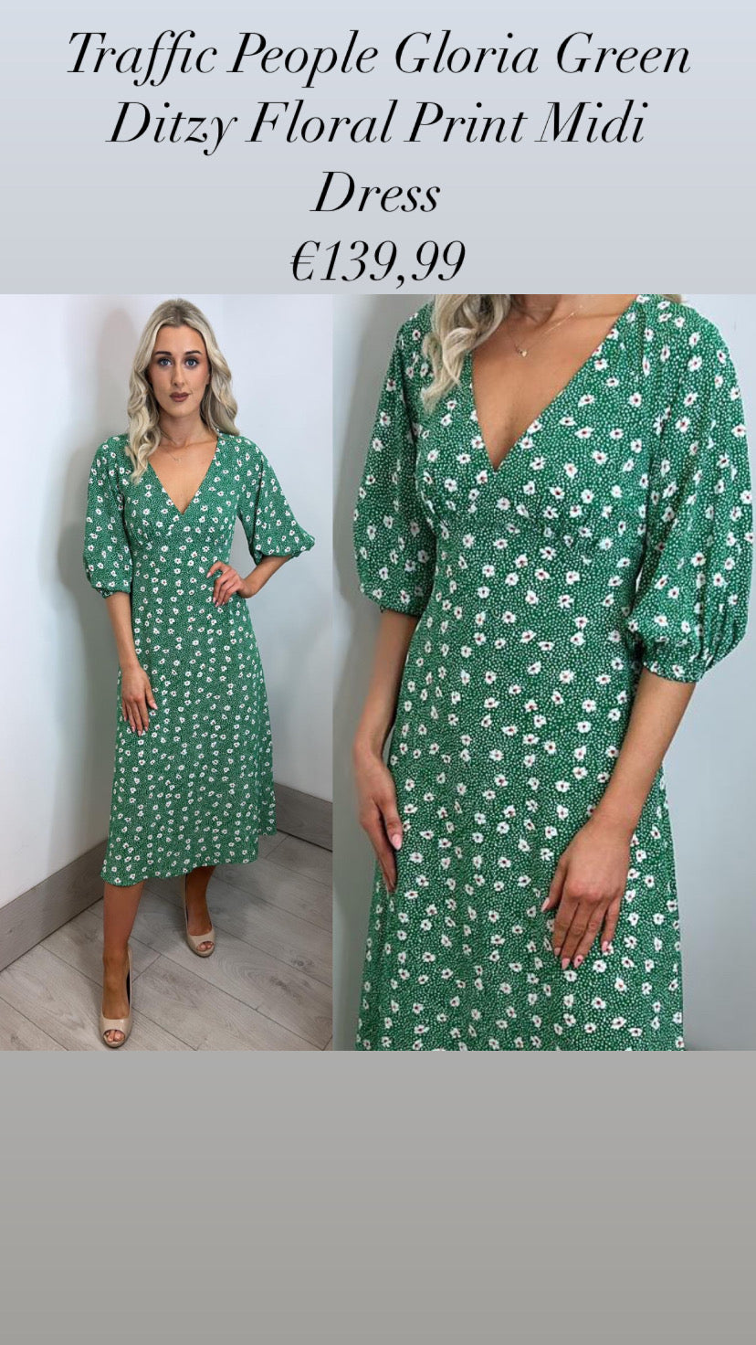 Traffic People Gloria Green Ditzy Floral Print Midi Dress