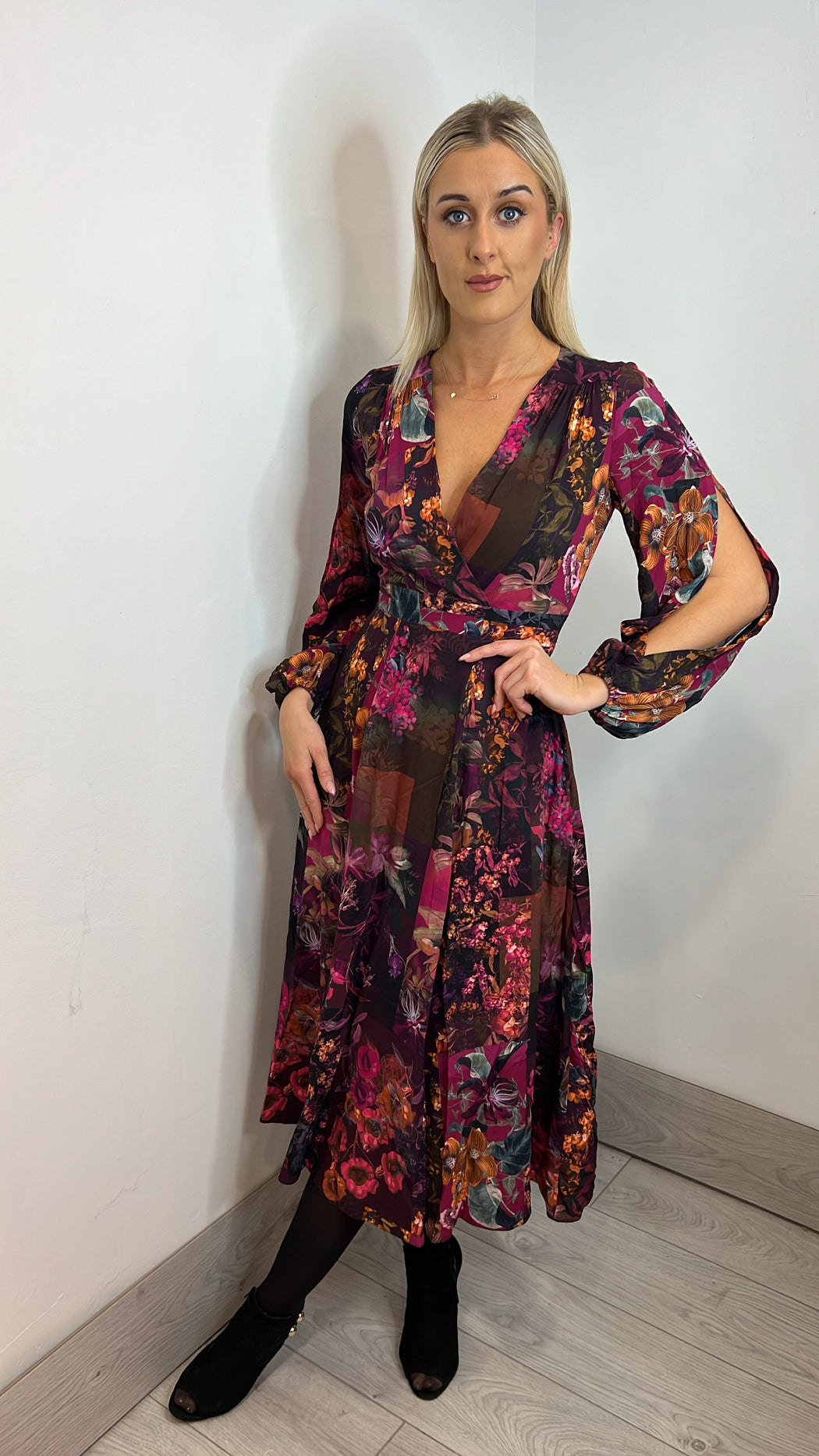 D7606 maroon full skirt wrap dress