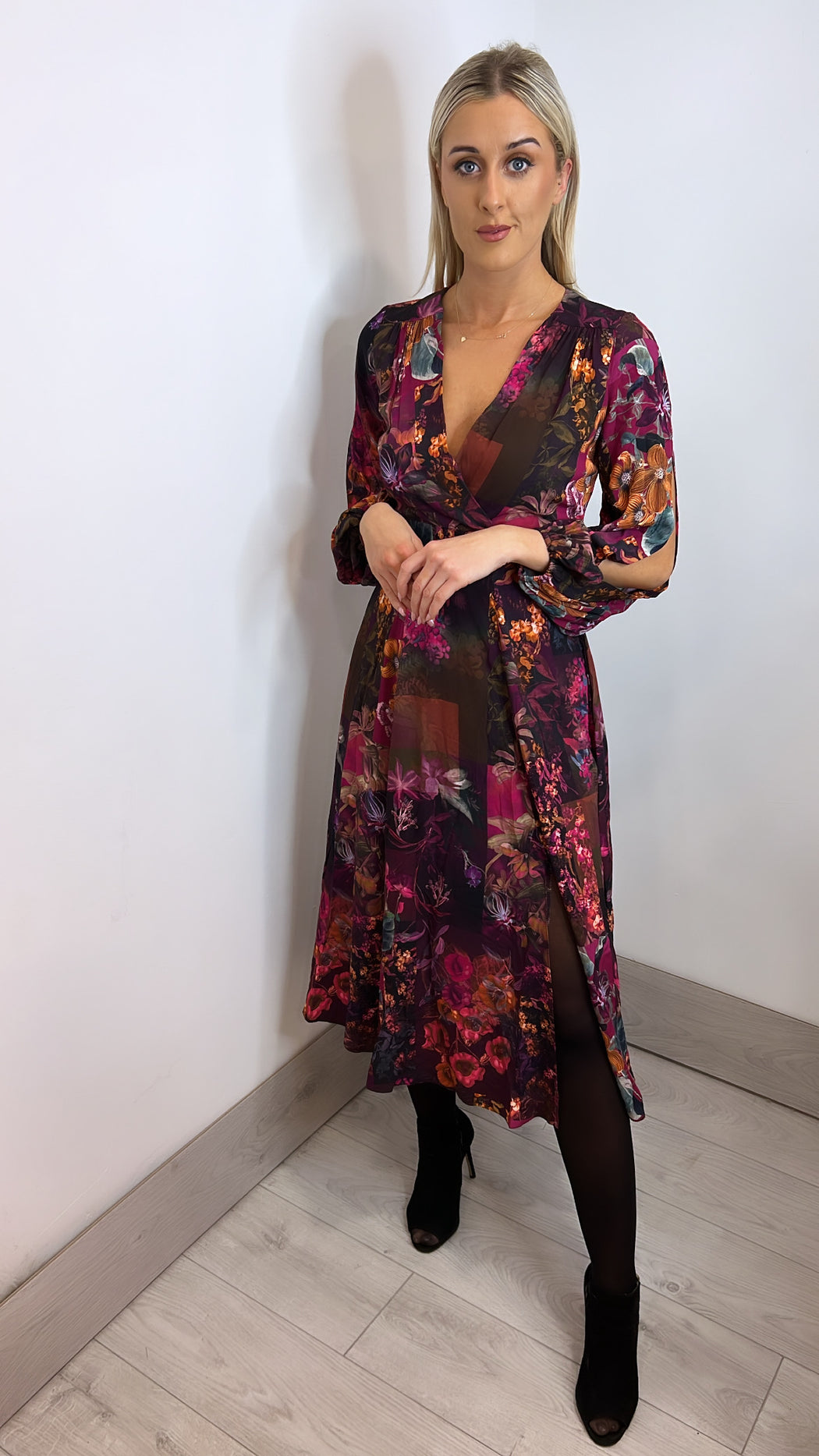 D7606 maroon full skirt wrap dress