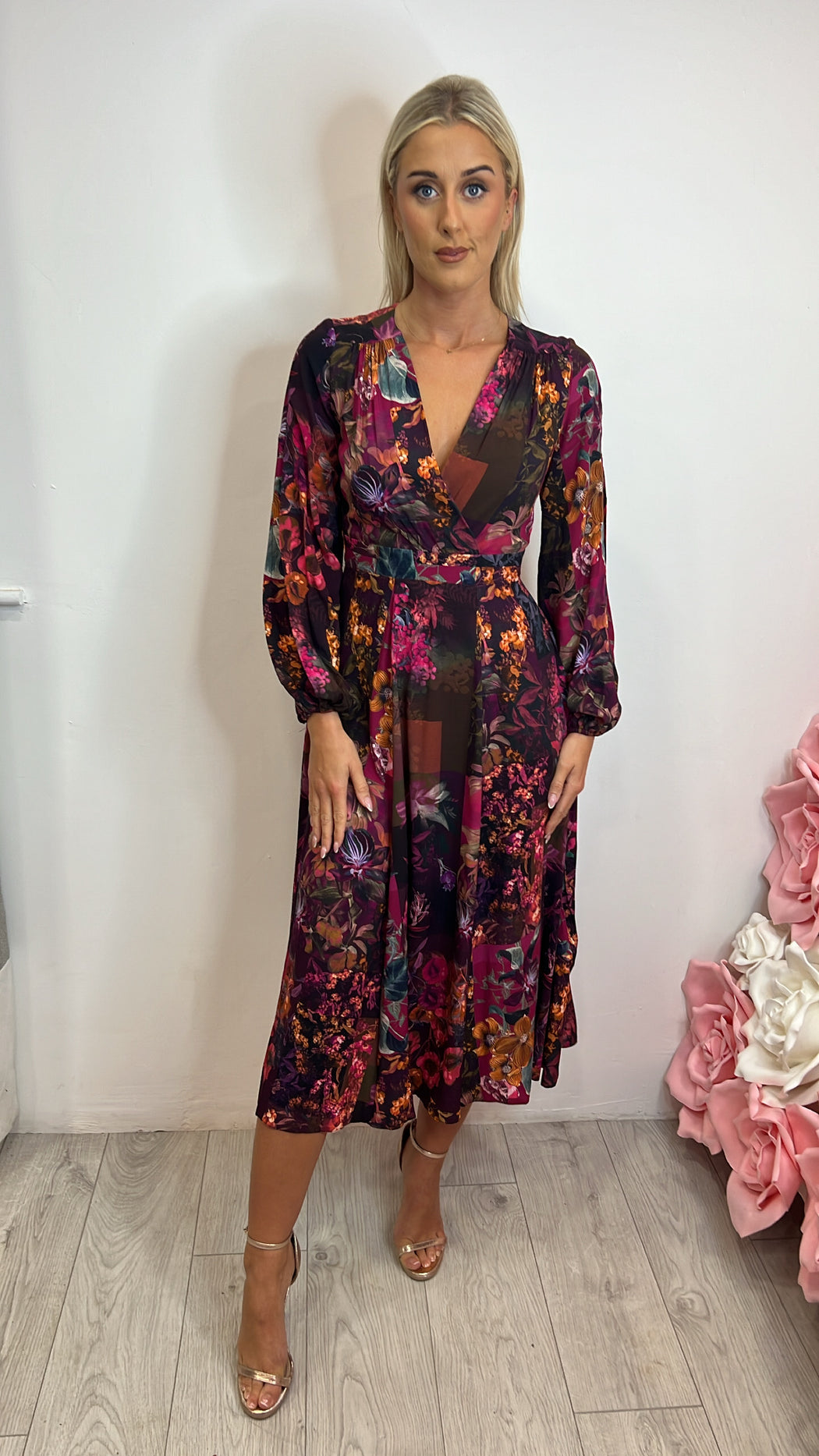 D7606 maroon full skirt wrap dress
