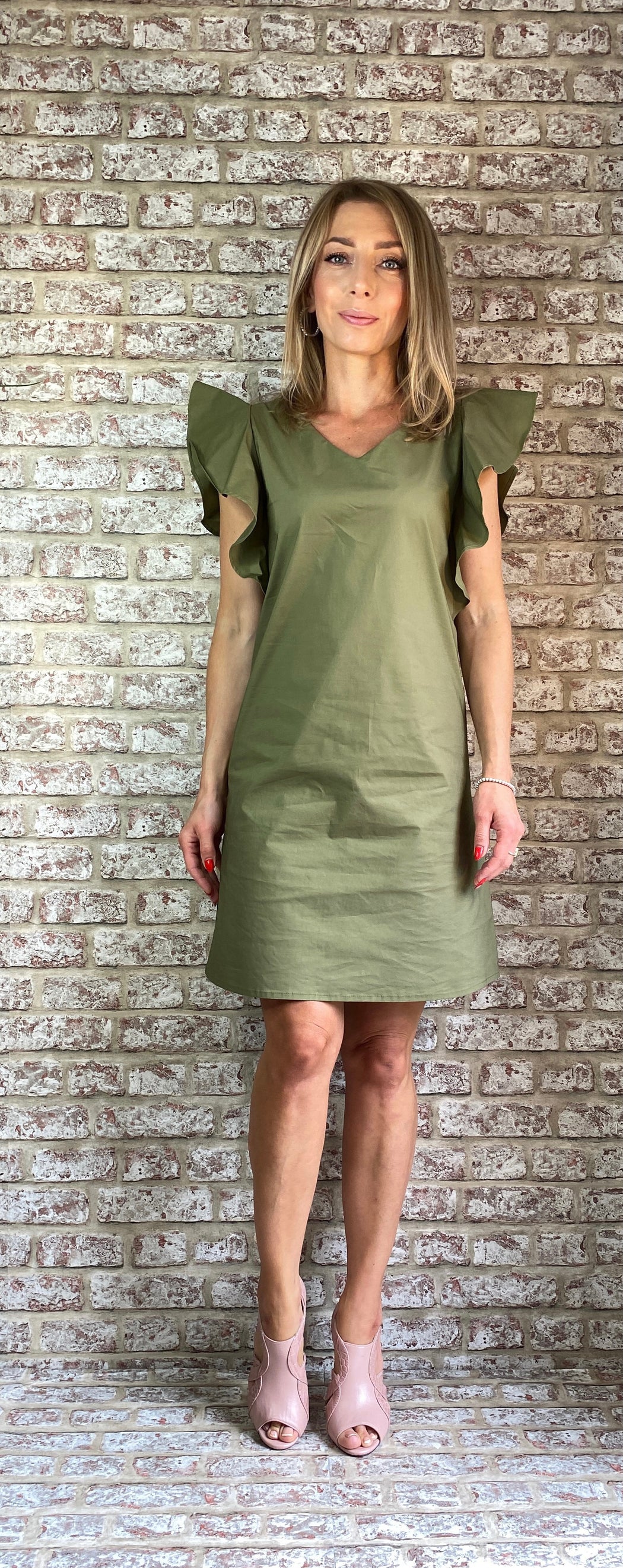Mel khaki frill sleeve sale shift dress