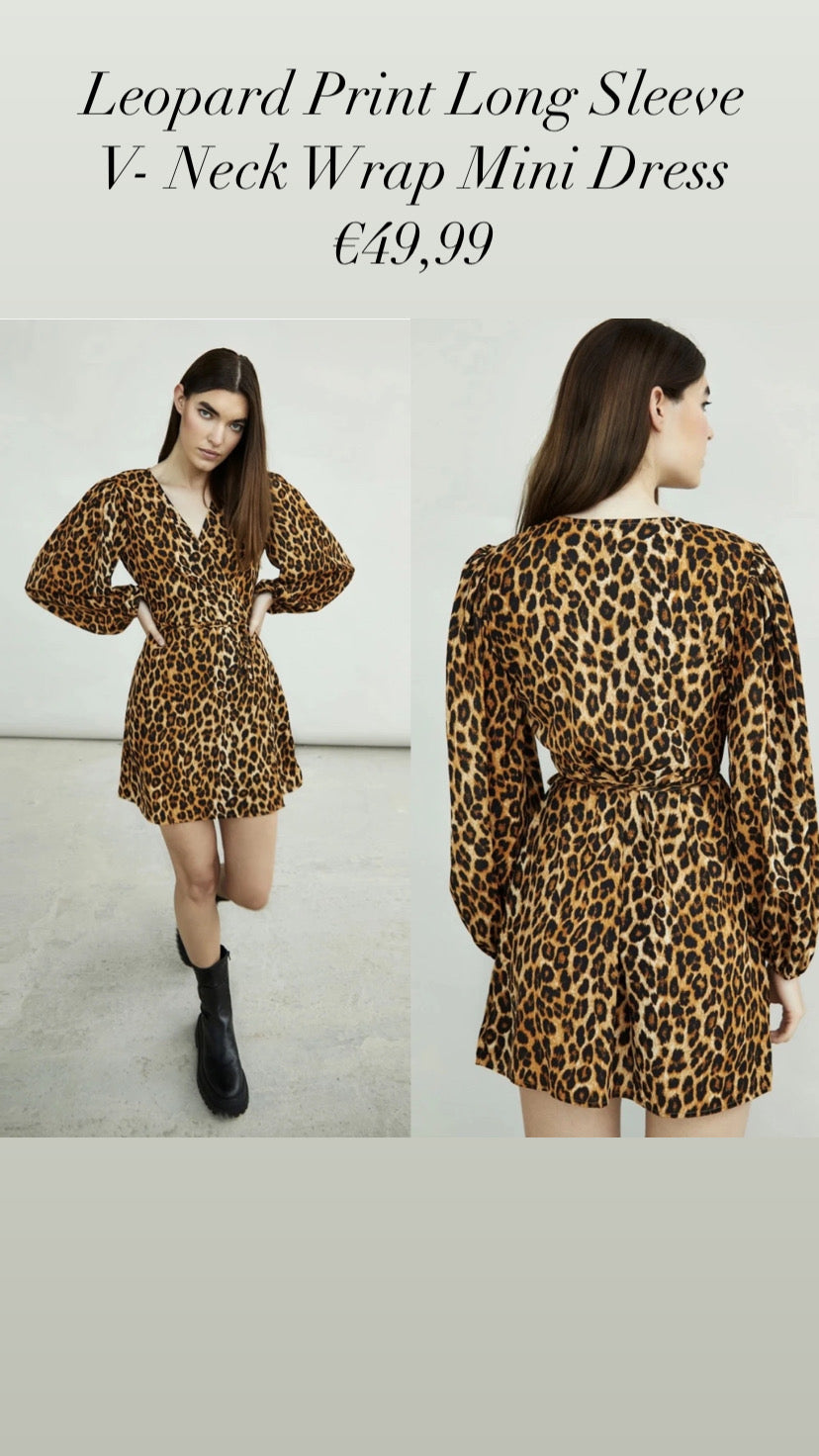 Ck5508 glam Leopard Print Long Sleeve V- Neck Wrap Mini Dress