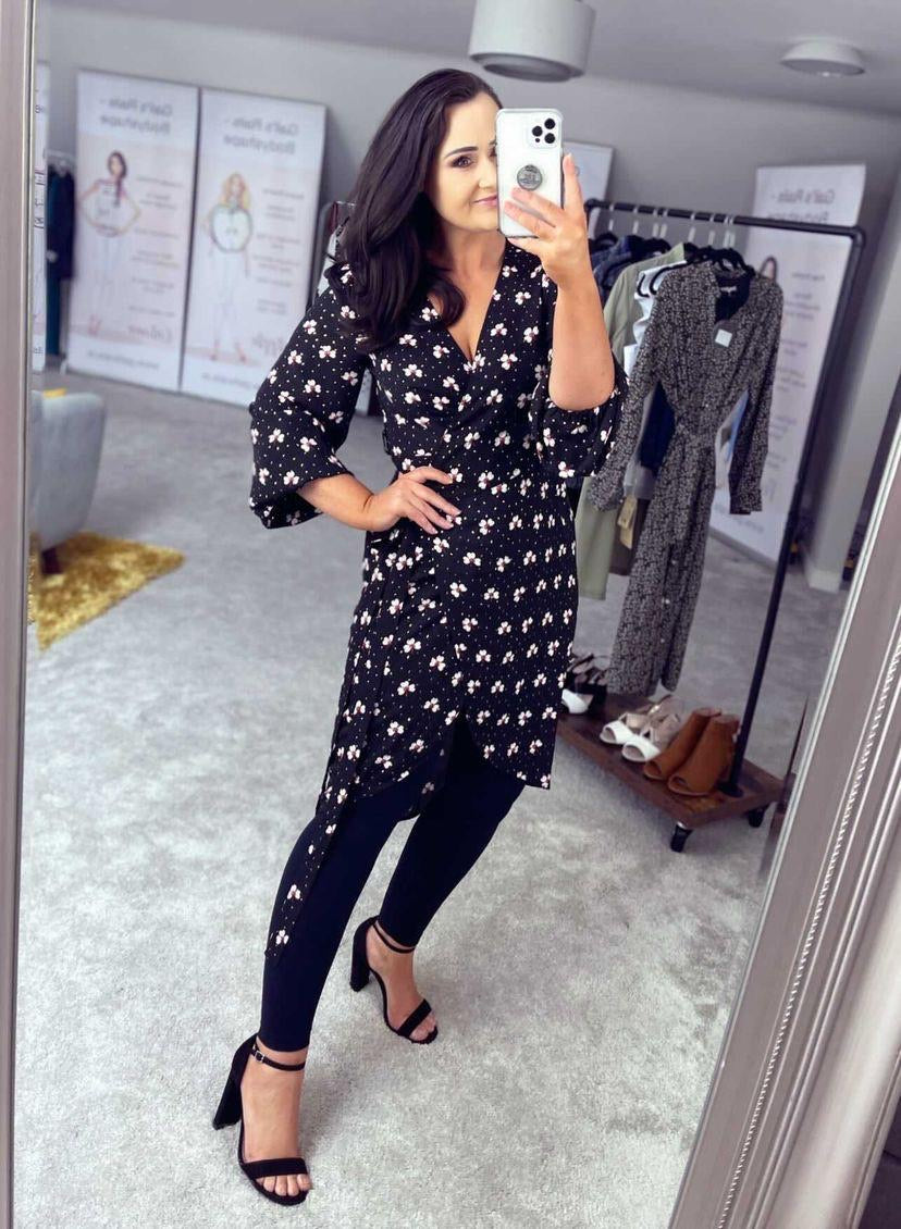 Shrimp black floral wrap midi dress traff